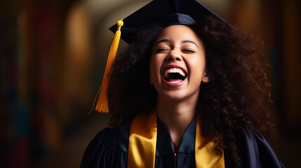 Wall Mural - Joyful graduate in a cap and gown, laughing with happiness and pride, symbolizing the excitement and accomplishment of academic achievement