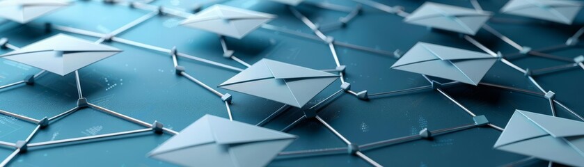 Abstract communication concept, multiple envelopes in a repetitive pattern on a blue surface, depicting network of messages