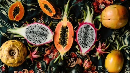 Wall Mural - Papayas and dragon fruit placed on a tablecloth