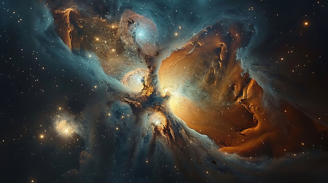 Prompt Orion Nebula a stellar nursery with young stars and various celestial objects