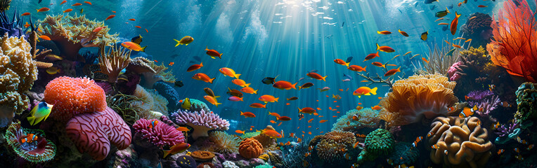 A Panoramic underwater seascape of a vibrant tropical coral reef bustling with diffrent  colorful  fishes 
