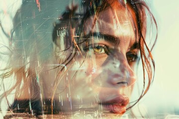 Closeup portrait of young woman with double exposure effect, glitch elements