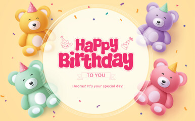 Wall Mural - Happy birthday greeting vector template design. Birthday greeting text in circle space for typography with cute lovely teddy bear elements decoration. Vector illustration birthday invitation card 
