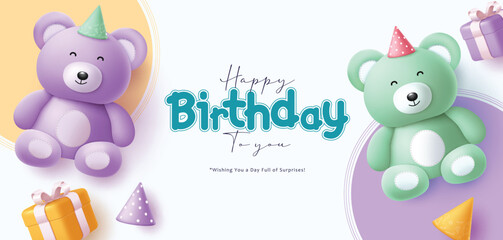 Wall Mural - happy birthday greeting vector design. birthday greeting text with purple and green cute teddy bear 