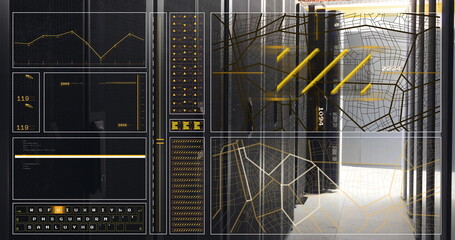 Canvas Print - Image of graph, loading circles and bars, lines, navigation pattern over server room