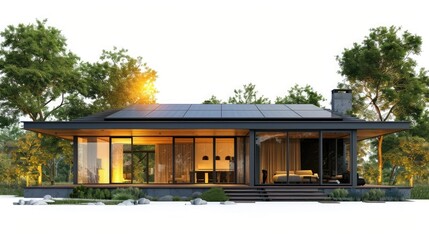 Wall Mural - Modern house with solar panels on the roof, isolated on a white background, with a detailed rendering in a minimalist style,