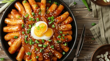 Wall Mural - Delicious korean tteokbokki with raw eggs on top and green onion slices sprinkled all over the food. 
