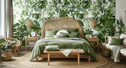 bedroom with green and white wallpaper, wooden bed frame, a green blanket on the end of it, planters in front of the wall, hanging green plants, a wood floor, wooden side tables