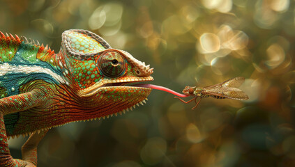 Wall Mural - A chameleon with its tongue out about to eat an insect