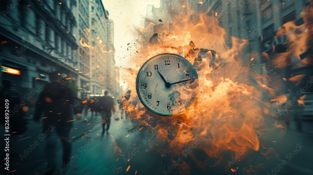 Exploding alarm clock with fire, overlaid on a person rushing through a ...