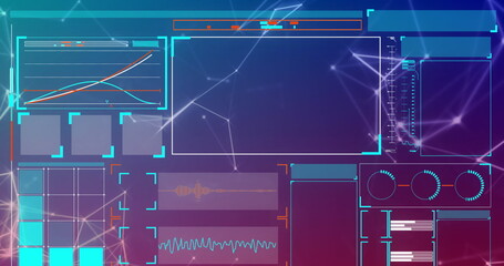 Wall Mural - Image of interface with data processing and plexus networks against purple gradient background
