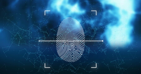 Poster - Image of biometric fingerprint scanner and plexus networks over light spots on blue background