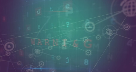 Wall Mural - image of connected icons over letters, symbols, texts and numbers against blue background