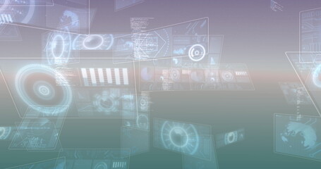 Wall Mural - Image of multiple round scanners and data processing against gradient background
