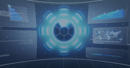 Wall Mural - Image of screens with data processing against blue background