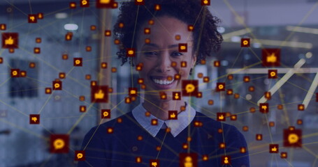 Wall Mural - Image of network of digital icons against biracial woman smiling at office