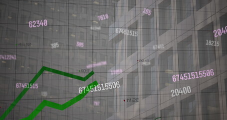 Poster - Numbers and graphs are overlaying tall office buildings, showing financial data