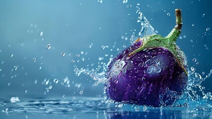 Poster - Eggplant and water splash. captured with highspeed photography as they break through the waters surface.