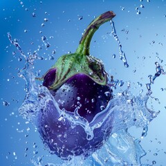 Wall Mural - Eggplant and water splash. captured with highspeed photography as they break through the waters surface.