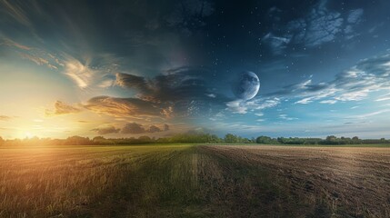 field and sky with moon at twilight - a composite image blending day and night with a moon in the sk