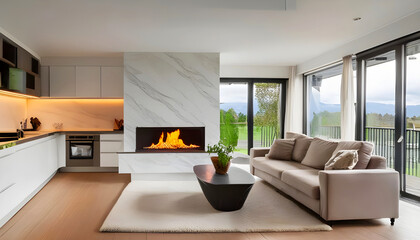 Wall Mural - contemporary living room with open concept view through to dining room kitchen and a marble fireplace with gas fire