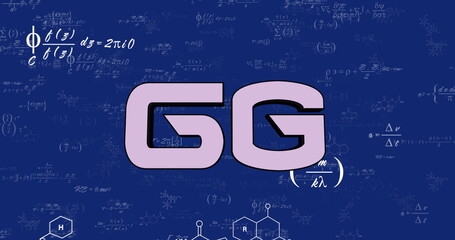 Poster - Image of 6g text banner over mathematical equations floating against blue background