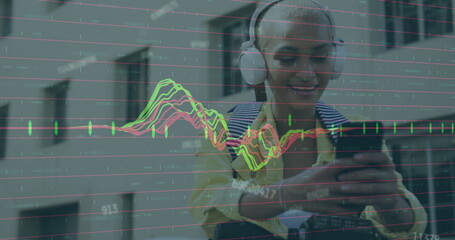 Poster - Image of graphs, numbers, biracial woman wearing headphones listening to music on cellphone