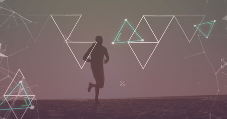 Wall Mural - Image of multiple triangles over silhouette of african american man running on beach