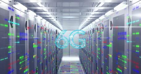 Sticker - Image of connected dots in 6g text over bars on data server systems in server room