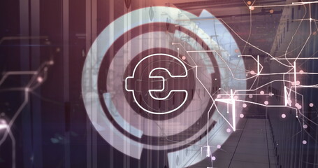 Poster - Image of euro symbol and circles with navigation pattern over server room