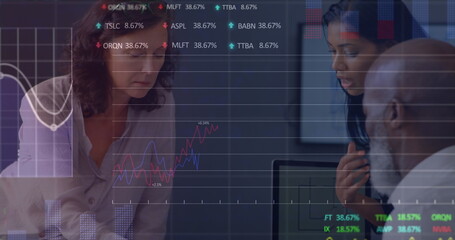 Poster - Image of graphs and trading board over diverse architects discussing blueprint in office