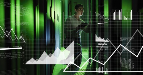 Wall Mural - Image of statistical data processing over caucasian female engineer using tablet at server room
