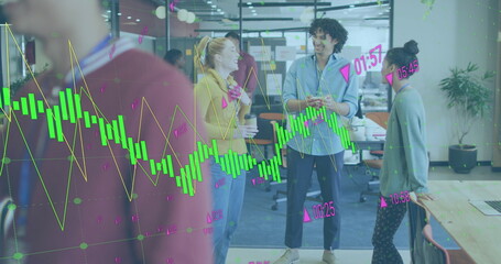 Wall Mural - Image of statistical data processing against group of diverse colleagues discussing at office