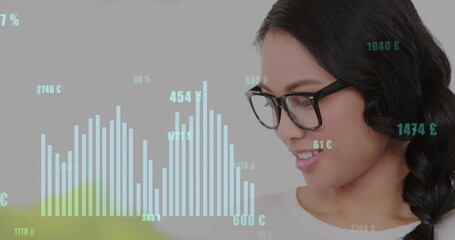 Wall Mural - Image of statistical data processing against asian woman using digital tablet at office