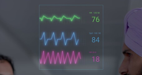 Poster - Image of heart rate monitor against indian male doctor discussing with his colleague at hospital