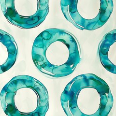 Wall Mural - A watercolor style illustration of turquoise circles and rings on a plain light background. 