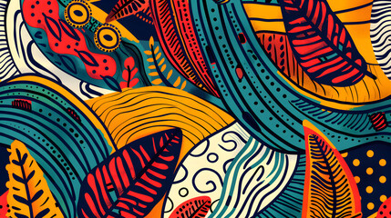 African ethnic pattern design background with wave shapes, leaves, and bright colors. Vibrant abstract African ethnic tribal backdrop for black history month, Juneteenth, Kwanzaa.