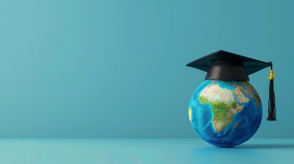 Wall Mural - Graduation cap on a globe with copy space - A mortarboard on a globe with ample blue background for text, representing education's global reach