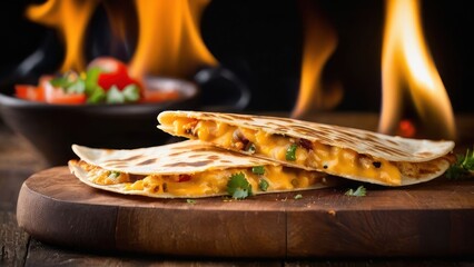 Wall Mural - Crispy Quesadilla Slices with Salsa and Cilantro, Ready to Serve on a Wooden Board