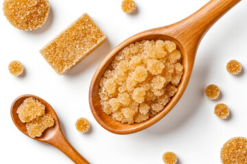 Poster - Brown Sugar in Wooden Spoon on White Background