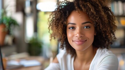 Wall Mural - businesswoman conducting market research on her computer, her smile conveying excitement at discovering valuable insights to drive business growth