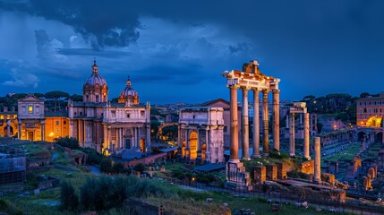 Sticker - As evening falls, the blue light of dusk envelops the Imperial Forum in Rome, highlighting its ancient structures. This UNESCO World Heritage Site in Lazio, Italy,