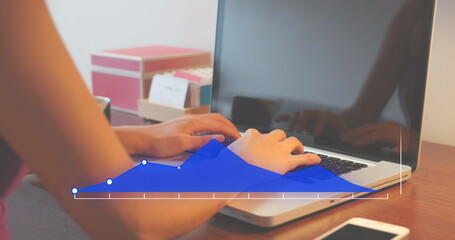 Poster - Image of graph over midsection of biracial woman typing on keyboard of laptop in office