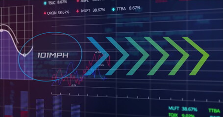 Canvas Print - Image of changing numbers, mph text, arrows, graphs and trading board over black background