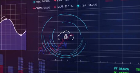 Wall Mural - Image of padlock in circles, graphs, trading boards and computer language over black background