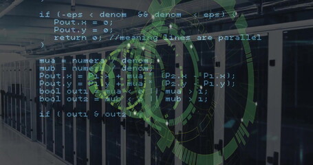 Poster - Image of data coding and circular scanner over server room