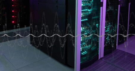 Wall Mural - Image of layers of data processing on interface screens over computer server room