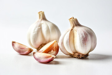 Poster - Garlic Bulbs and Cloves on White Background