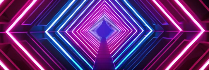 Wall Mural - Futuristic neon corridor with geometrical lights - An illuminated geometric neon path leading through a futuristic corridor, evoking a sense of sci-fi adventure