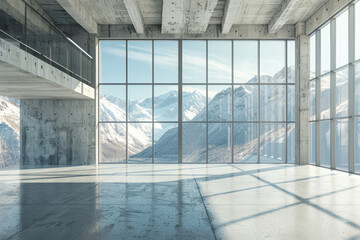 Wall Mural - Stylish But Empty Modern Loft Interior with Mountains View, Polished Concrete Floors, and Sunlit Large Windows - 3D Render...